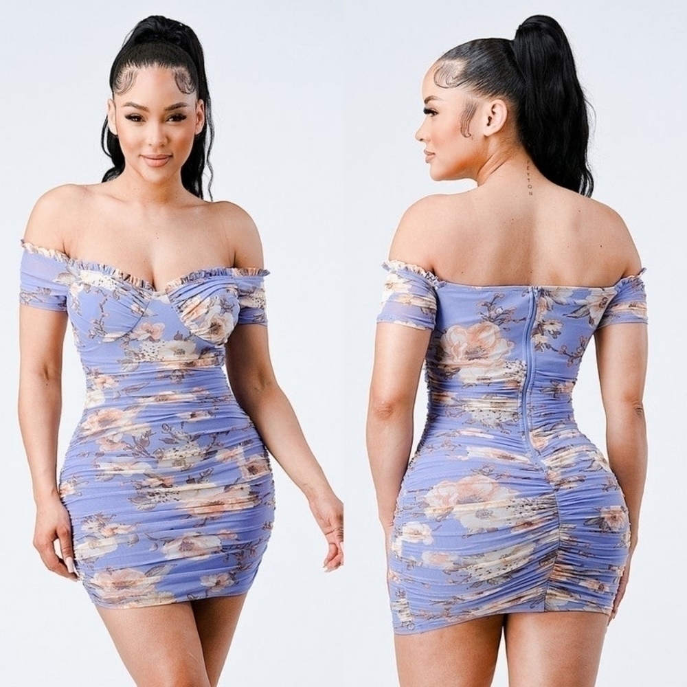 NEW Privy Jazmine Bodycon Purple Floral Ruched Off- Shoulder Mini Dress XL